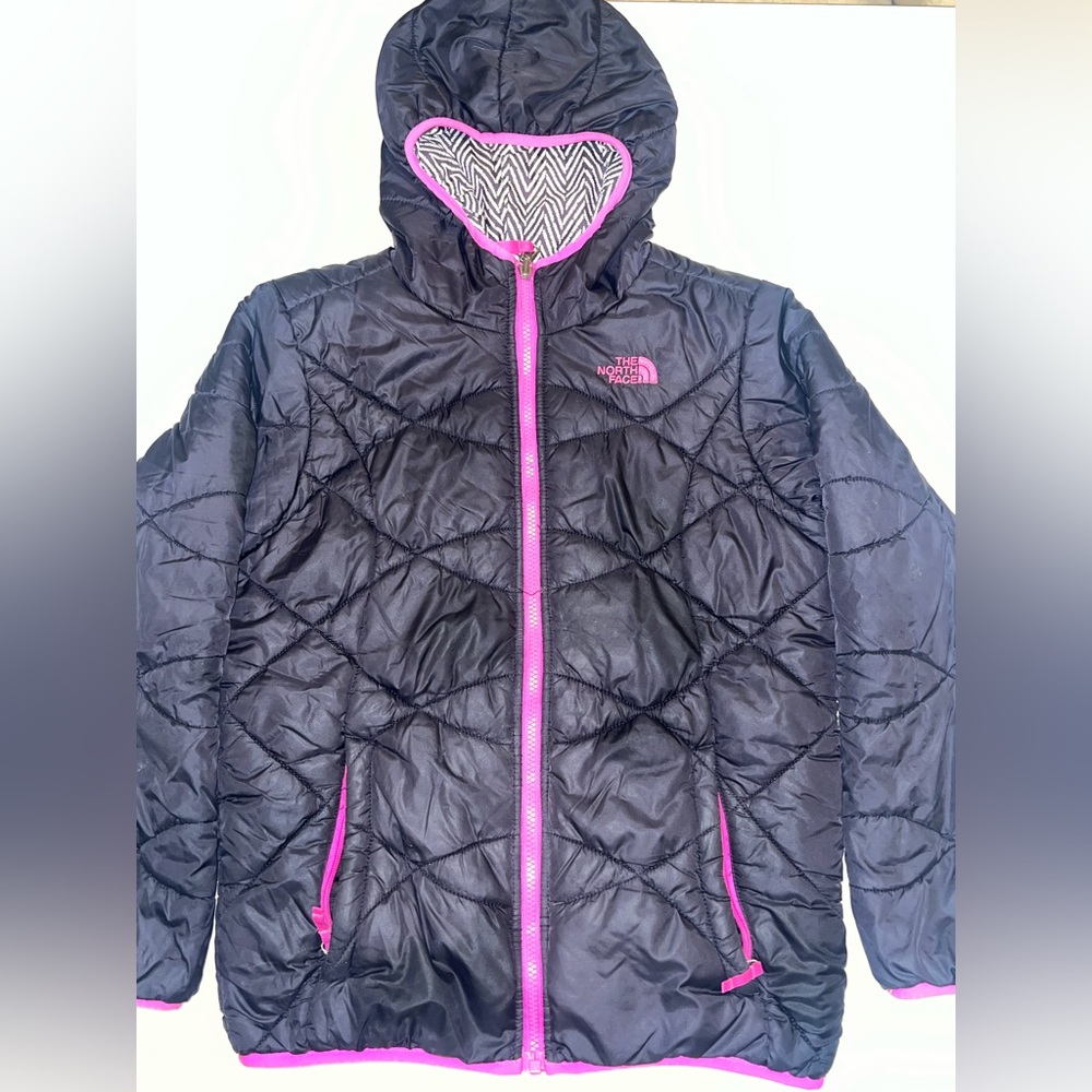 The North Face Perrito Hood Zip Reversible Jacket Black Stripe Girls 14/16